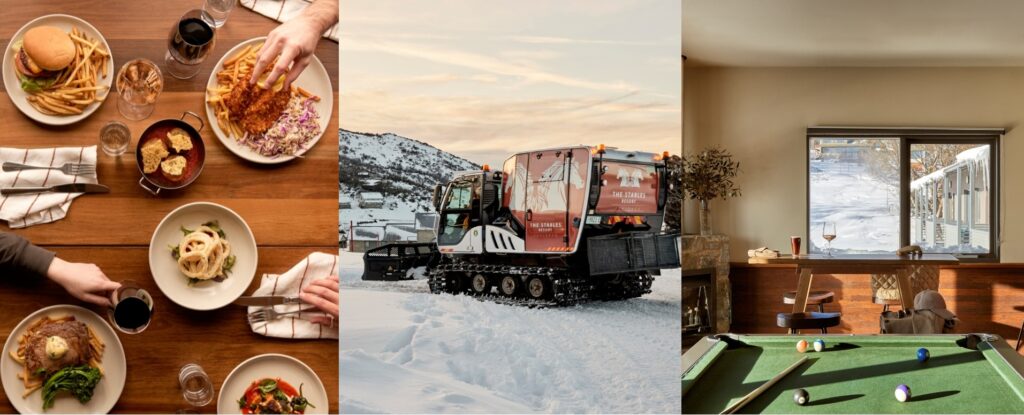 Dining at Stallions Restaurant, snowcat transfer at The Stables Resort Perisher, and alpine apartment with pool table and mountain views