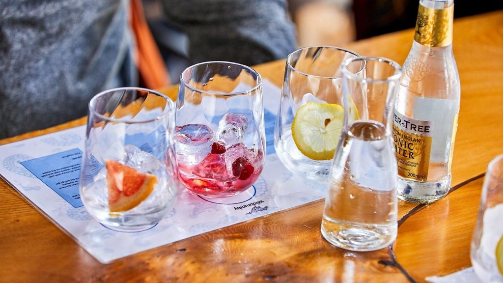 Spirit tasting with garnished glasses and tonic water at Wildbrumby Distillery in the Snowy Mountains.