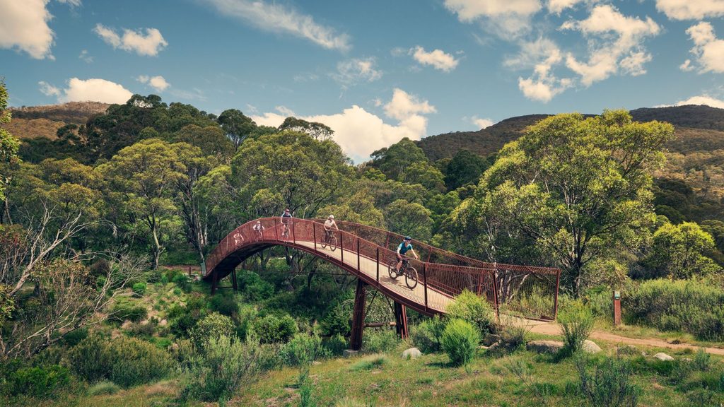 Mountain bikers cycling across a bridge surrounded by alpine bushland in the Snowy Mountains, NSW.